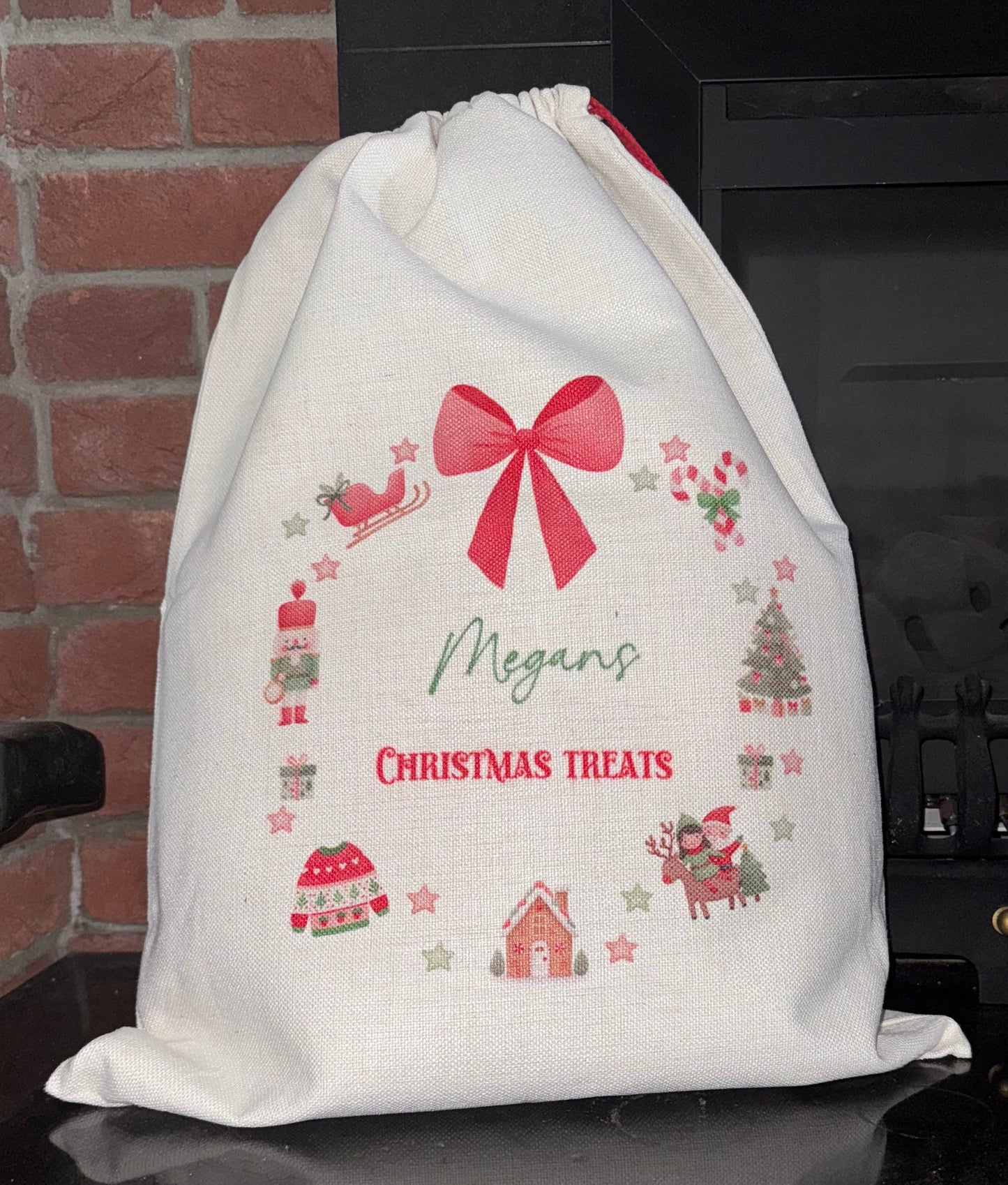 Personalised Christmas Sack with all things Christmas Wreath design