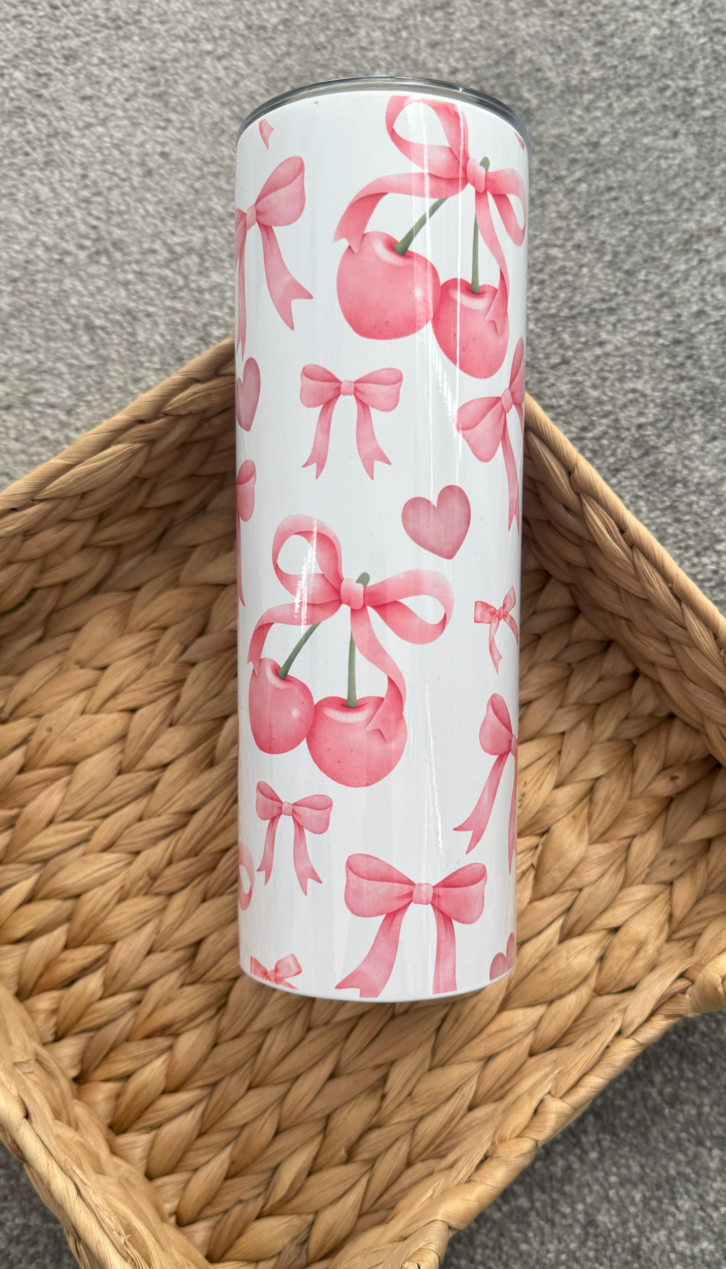 Bow and Cherry Stainless Steel Tumbler with Matching Coaster and Mouse Mat