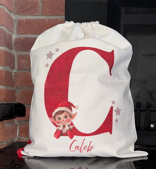 Personalised Christmas Santa Sack – Linen Drawstring Bag with Initial and Elf design