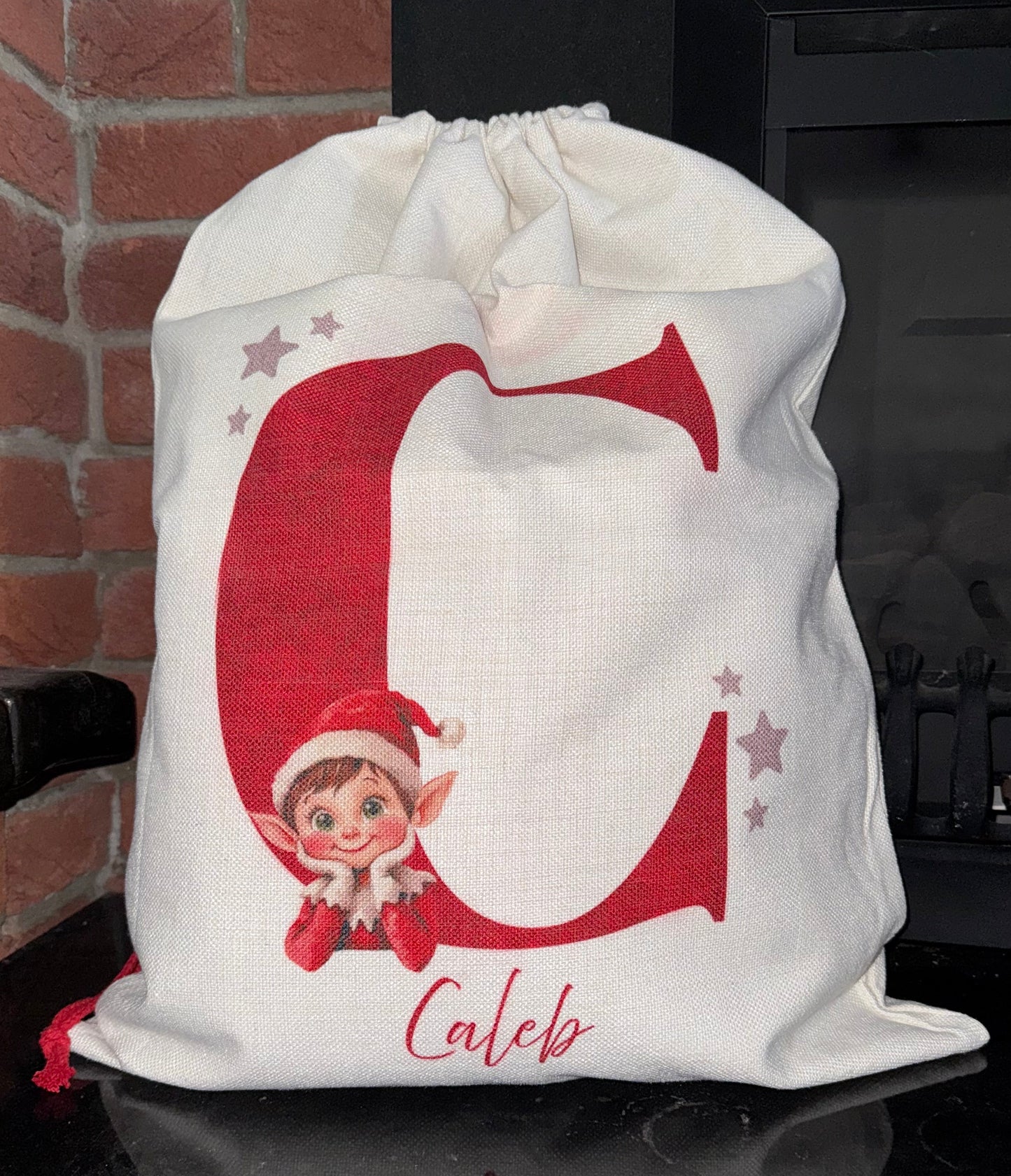 Personalised Christmas Santa Sack – Linen Drawstring Bag with Initial and Elf design