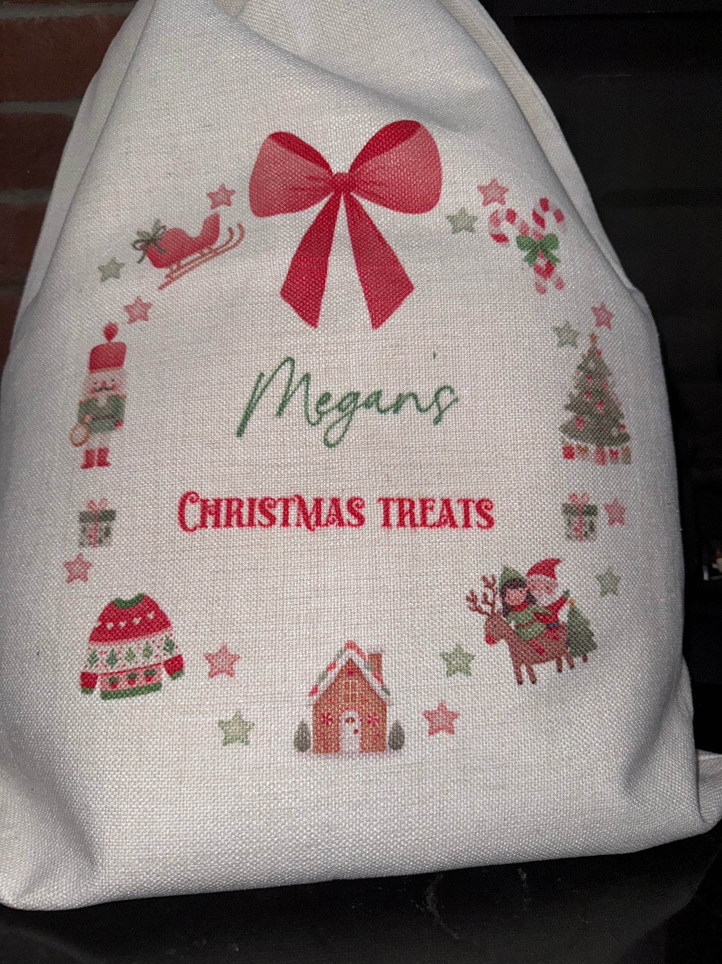Personalised Christmas Sack with all things Christmas Wreath design