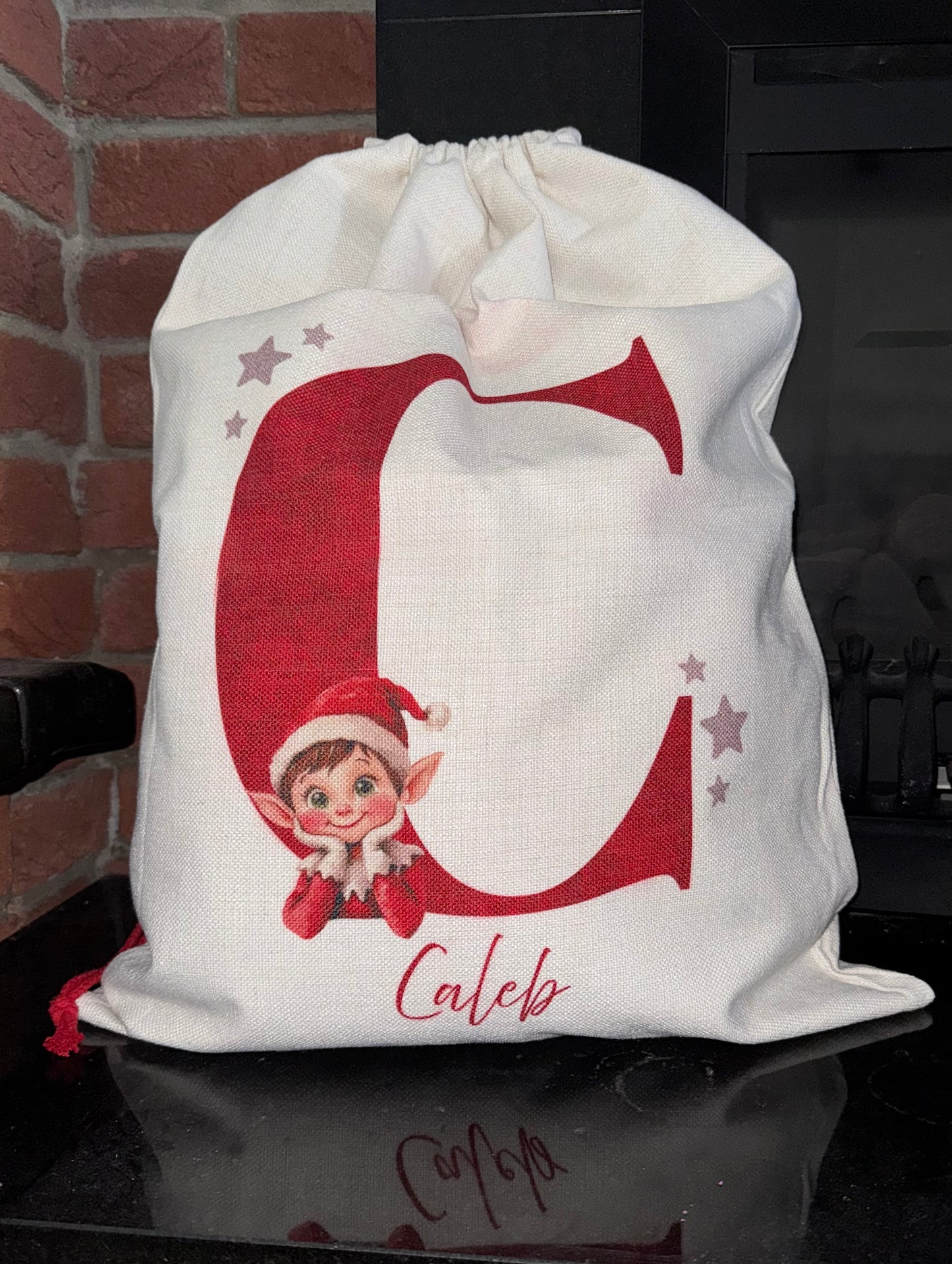 Personalised Christmas Santa Sack – Linen Drawstring Bag with Initial and Elf design