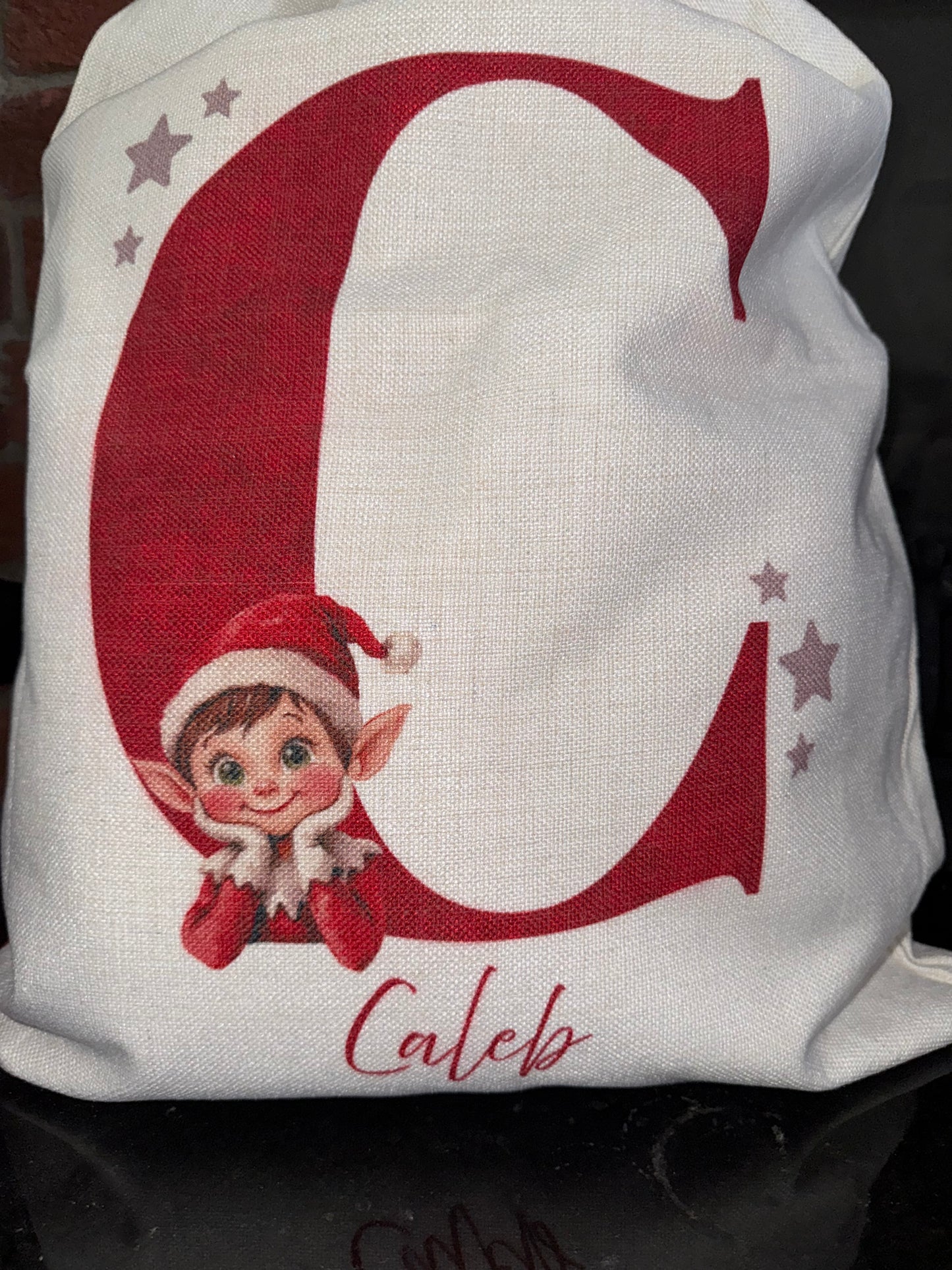 Personalised Christmas Santa Sack – Linen Drawstring Bag with Initial and Elf design