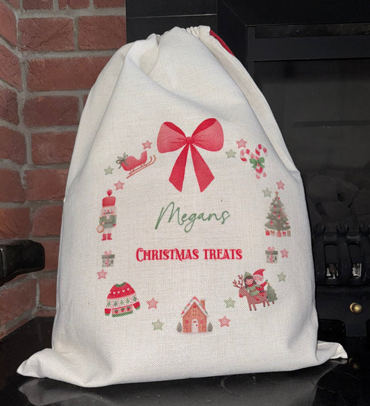 Personalised Christmas Sack with all things Christmas Wreath design