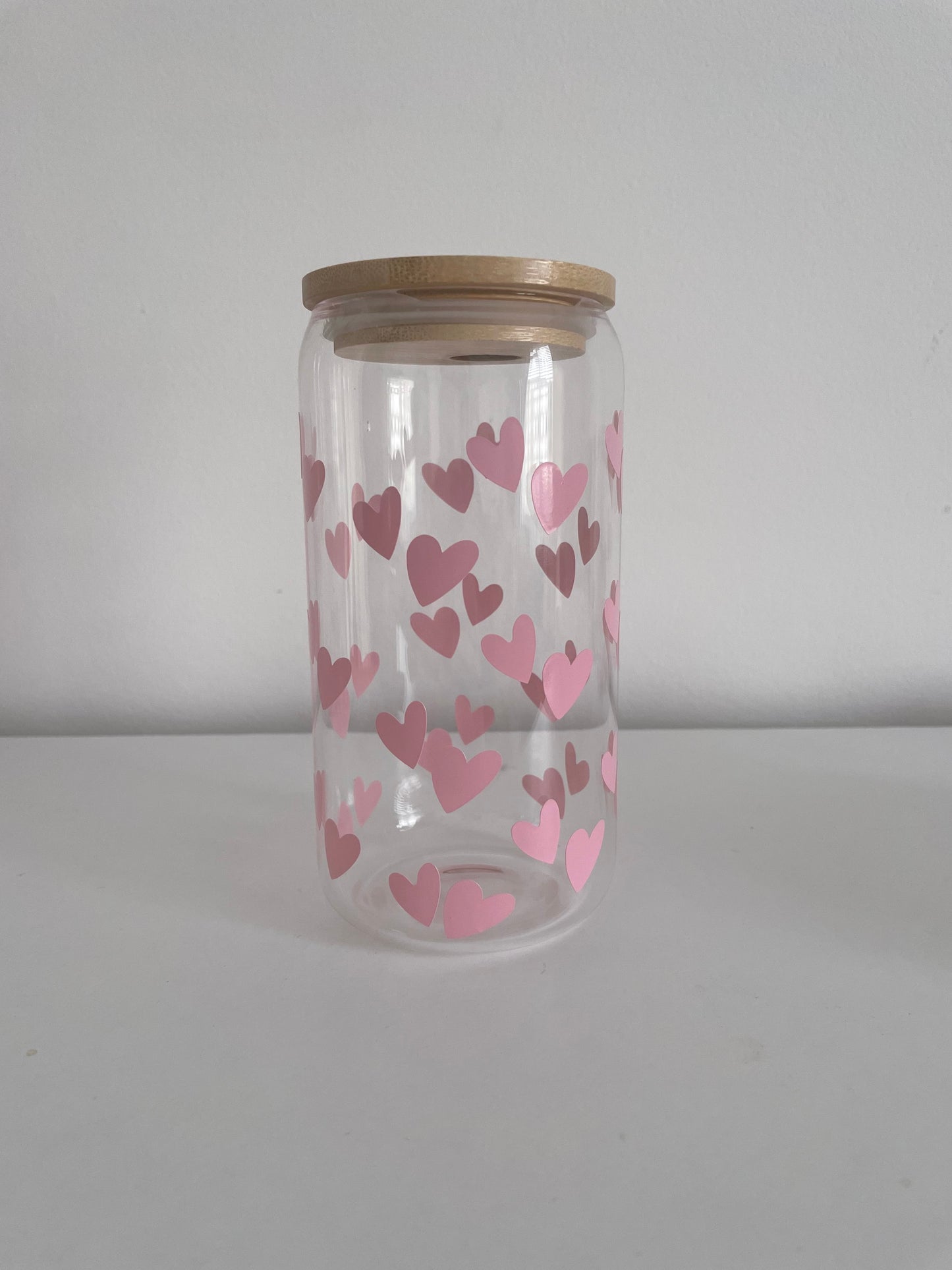 Pink Hearts - 16oz Glass Cup with Bamboo lid and glass straw