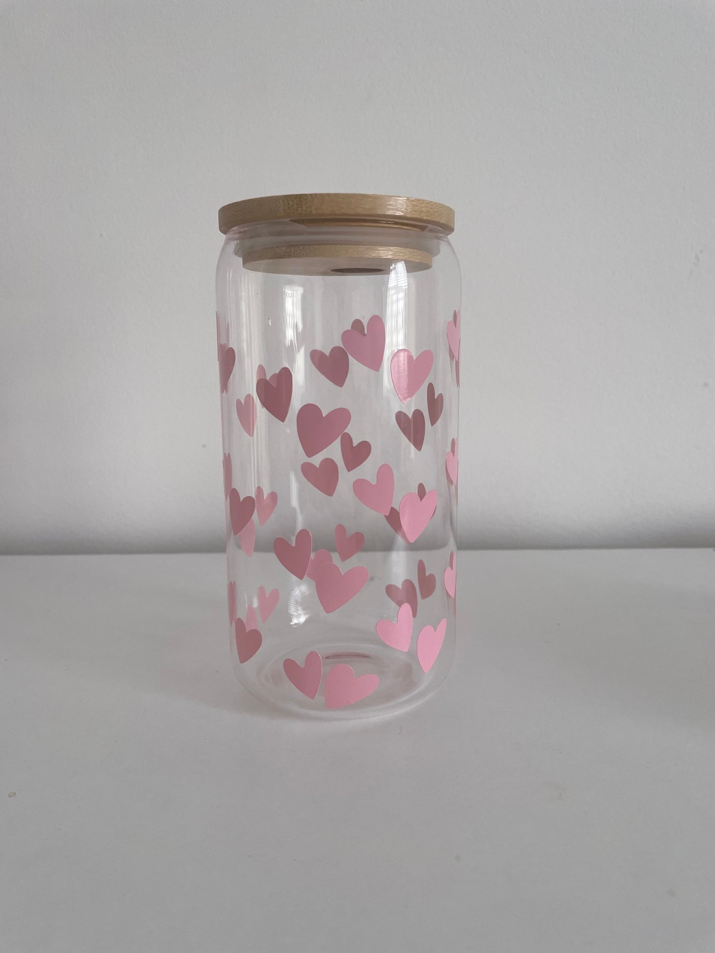Pink Hearts - 16oz Glass Cup with Bamboo lid and glass straw