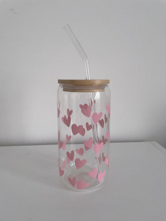 Pink Hearts - 16oz Glass Cup with Bamboo lid and glass straw