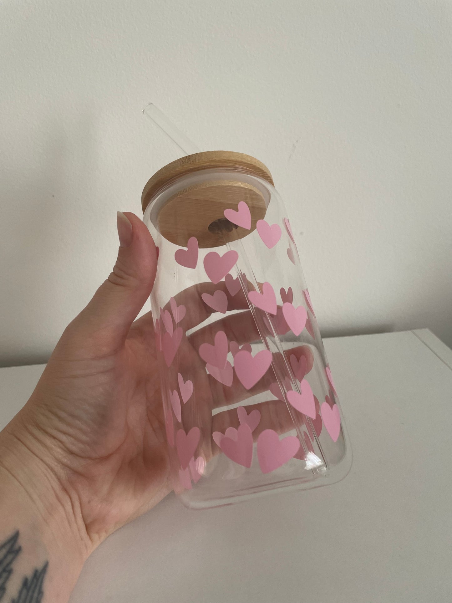 Pink Hearts - 16oz Glass Cup with Bamboo lid and glass straw