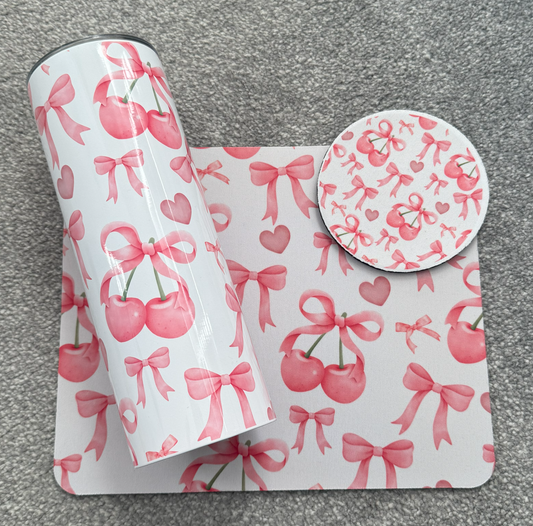 Bow and Cherry Stainless Steel Tumbler with Matching Coaster and Mouse Mat