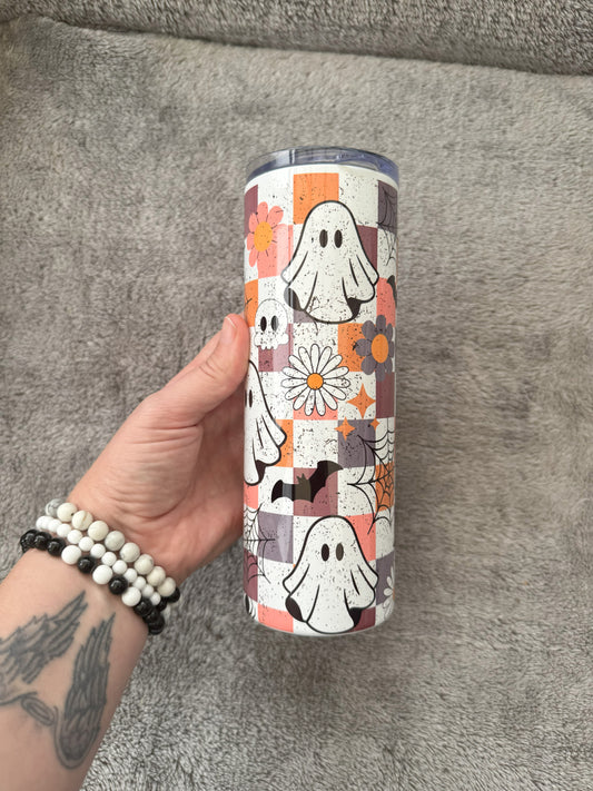 Retro Ghost Stainless Steel Tumbler with Straw – Cute Halloween Drinkware for Hot & Cold Beverages